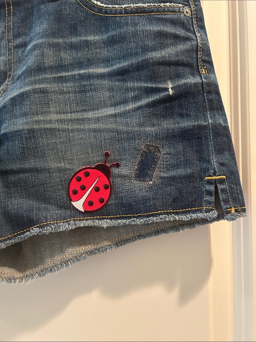 Ag Adriano Goldschmied Blue Denim Shorts with Rainbow and Ladybug Patches - Picture 4 of 11
